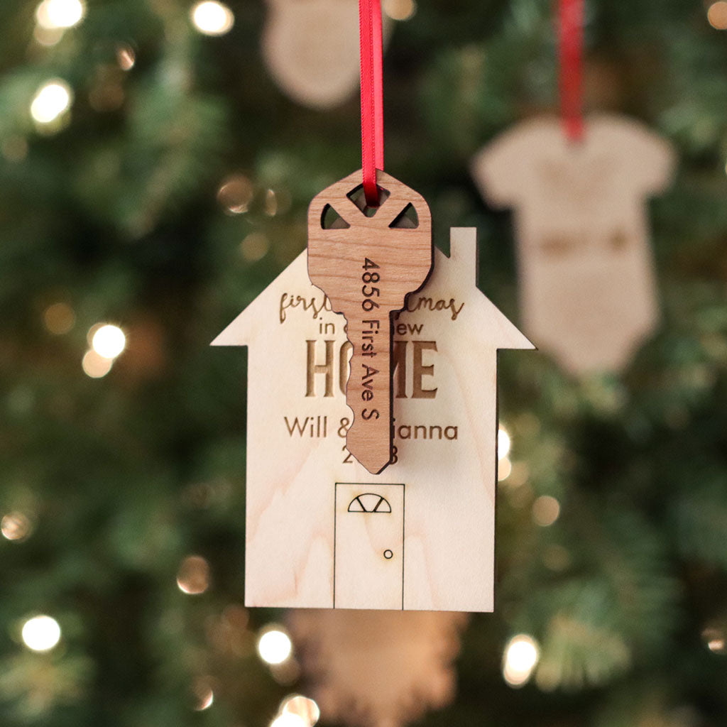 First Christmas in our New Home Christmas Ornament - Engraved Wood -  Smiling Tree